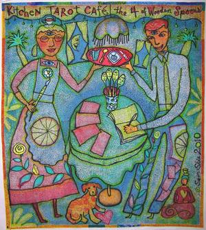 image of a quilt by Susan Shie titled Kitchen Tarot Caf: 4 of Wooden Spoons